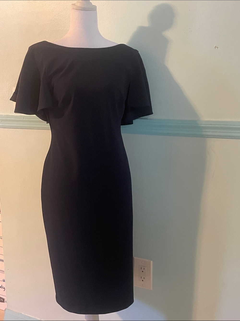 Calvin Klein Navy Blue Midi Sheath Dress with Flutter Sleeves